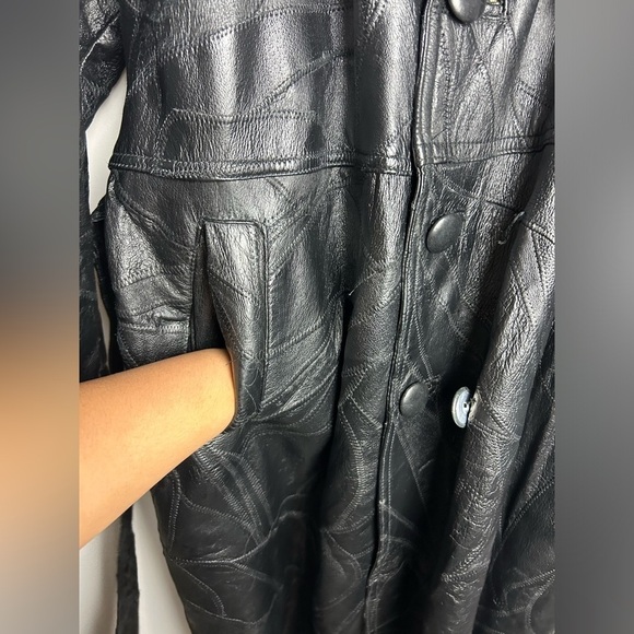 VTG 100% Genuine Leather Black Longline Trench Coat Jacket Motorcycle Equestrian - Picture 6 of 16